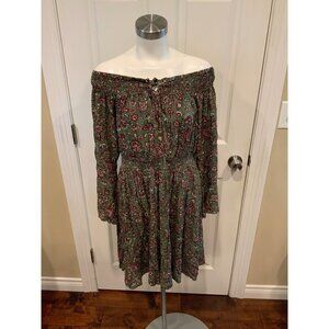 Torrid Green W/ Pink & White Floral Print Off-Shoulder Bohemian Dress Sz 1 (14)
